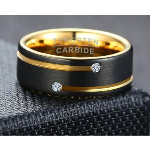 New European and American Fashion Mens Ring, Groove Set With Two Zircon Tungsten Steel Rings, Black Gold Ring