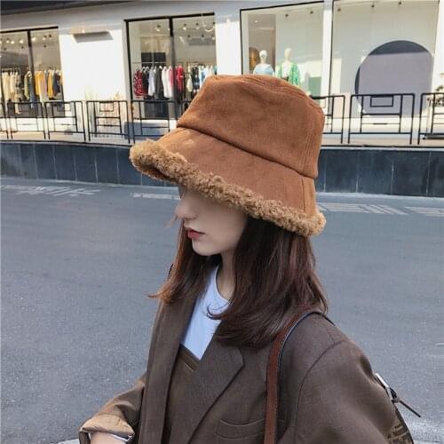 Autumn New Harajuku Womens Hat Fashion Lamb Hair Fisherman Hats Panama Winter Warm Bucket Cap Lady Outdoor Accessories Bt21