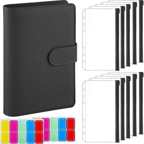 13Pcs A5/A6 PU Leather Budget Binder Notebook Cover Cash Budget Envelopes System with 10Pcs Binder Pockets/2Pcs Label Stickers