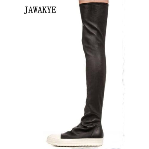 2017 Sexy Black Stretch Over The Knee Boots Woman Round Toe White Thick Bottom Flat Long Boots For Women