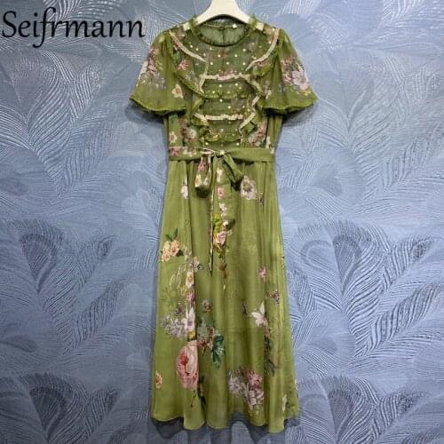 Seifrmann New 2021 Summer Women Fashion Designer Party Long Dress Ruffles Lace Bow Sashes Floral Print Elegant Dresses Vestidos