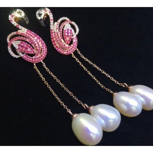 Natural fresh water pearl dangle earring 925 sterling silver with cubic zircon flamingo earring fine women jewelry