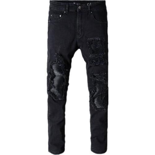 SEVEYFAN 2021 Mens Ripped Biker Jeans Skinny PU Leather Patchwork Denim Pants for Male