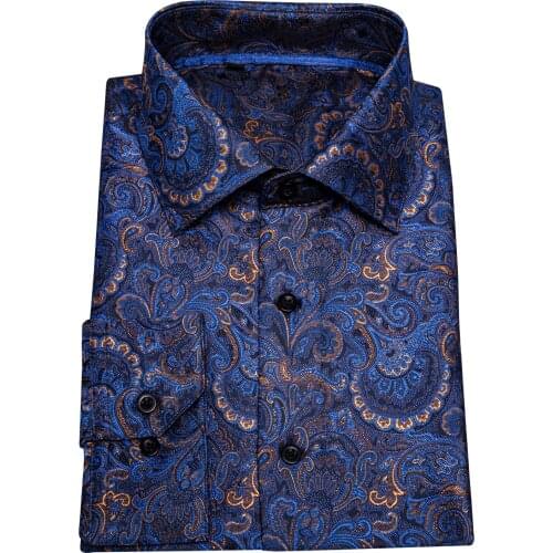 Blue Glod Paisley Floral Silk Shirt For Men Casul Shirt Fashion Designer Satin Regular Casual Shirts CC-008
