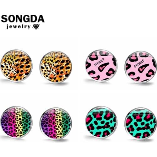SONGDA 2019 Geometric Leopard Print Earrings Bohemia Art Pattern Glass Cabochon Small Stud Earrings Pendientes Ladies Party Gift