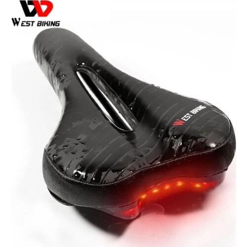 WEST BIKING Bike Road Saddle Memory Foam Padded Leather Bicycle Saddle Seat Cushion With Taillight Breathable Cycling Saddle