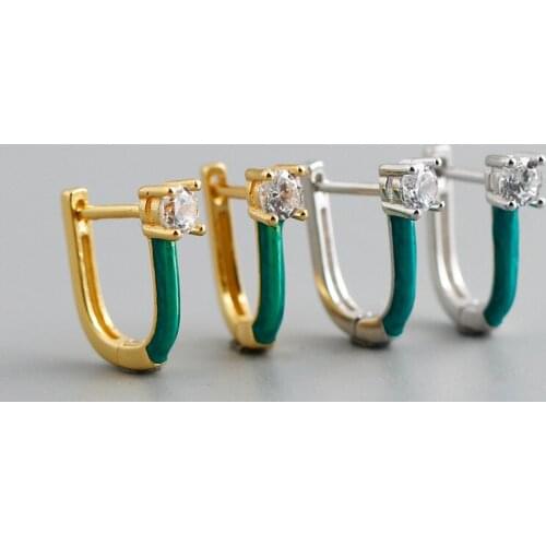 WTLTC Green Color U Shaped Hoop Earrings For Women 925 Sterling Sliver Small Helix Cartilage Earrings Cubic Zirconia Earrings