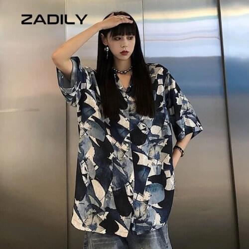 ZADILY 2021 Summer Street Style Short Sleeve Women Shirt Oversize Printing Button Up Loose Ladies Blouse Y2K Fashion Female Tops