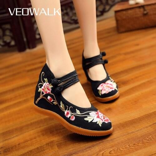 Veowalk Women Floral Embroidered Canvas Hidden Platforms Shoes Ankle Buckles Elegant Ladies Comfortable Casual Denim Sneakers
