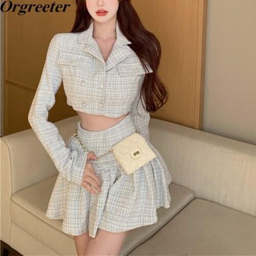 Y2k Tweed Crop Top Coat Mini Skirt Two piece set Women Autumn New Lapel Long Sleeve Short Jacket +High waist Pleated 2PCS Sets