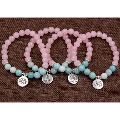 8mm ujvh3 elastic adjusted Charm nature stone bead Lotus life tree Buddha head Punk Charm agate Onyx Bracelet Bangles
