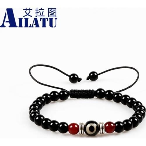 Ailatu Pretty Cool 6mm Black Glass Beads with a 8mm Tibet Onyx Bead Braiding Macrame Bracelet