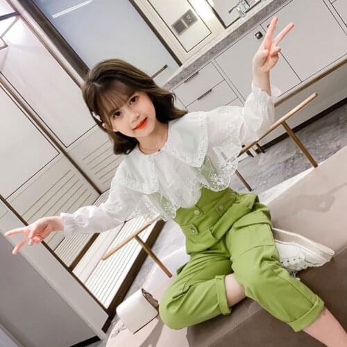 White Color Lace Turn-down Collar Blouse And Pants 2 Pieces Outfits Casual Spring Autumn Children Suits Kids Girls Clothes Set