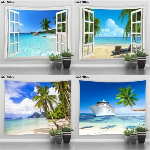 Ocean Scenery Tapestry Sunlight Beach Sea Palm Tree Sailboat Background Wall Hanging Cloth Bedroom Living Room Dorm Home Decor