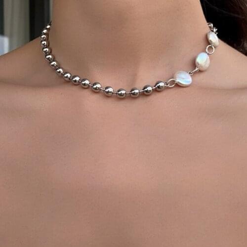 GSOLD Trendy Geometric Metal Round Bead Stitching Chain Simple Imitation Pearl Creative Design Clavicle Chain Women Jewelry