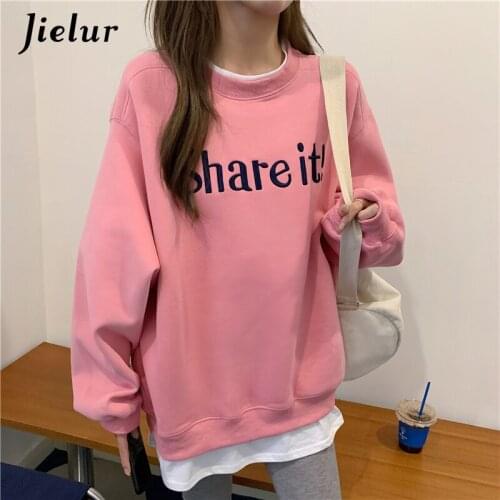 Jielur Korean Fashion Fake Two Pieces Womens Sweatshirt Pink Gray Hoodies Female Letter Embroidered Loose Pullover Big Size