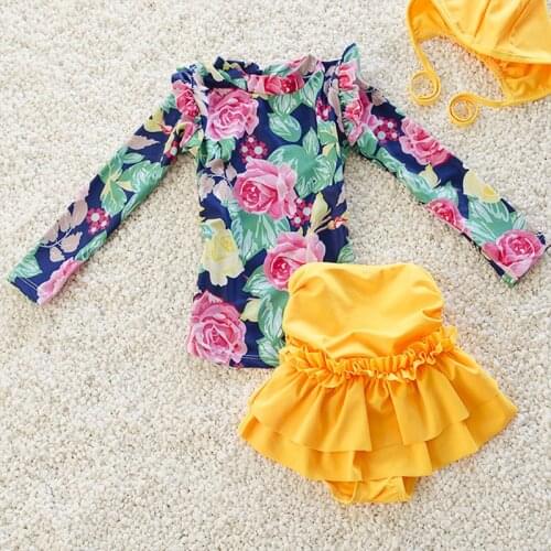 Floral Print Swimsuits For Girls 2-13 Years Children Swimwear (Tshirt+Skirt+Cap) 3PCS Swimming Suits Long Sleeve Girl Beach Wear