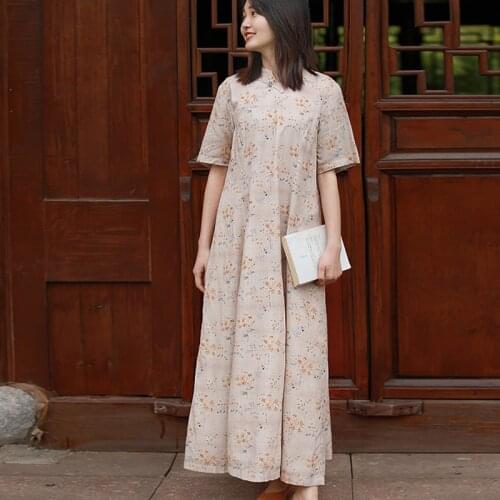 LZJN Spring Summer Retro Stand Neck Floral Print Cheongsam Dress New All-match Comfortable Women Fashion Elegant Dress