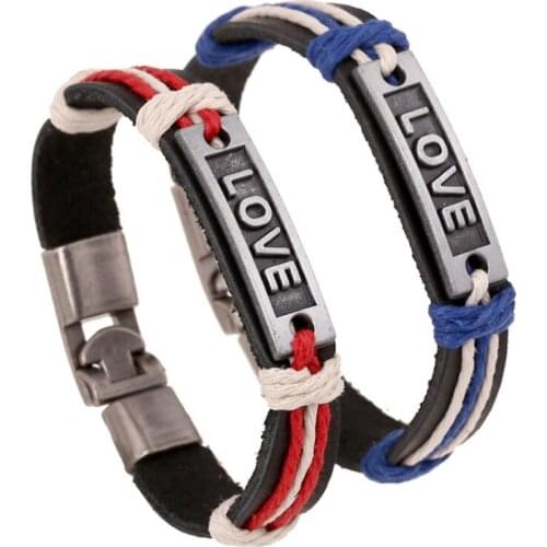 Fashion Love Black Genuine Leather Bracelet Cuff Alloy Vintage Charm Couple Lovers Bangle Wrap Wristbands Men Women Jewelry Gift