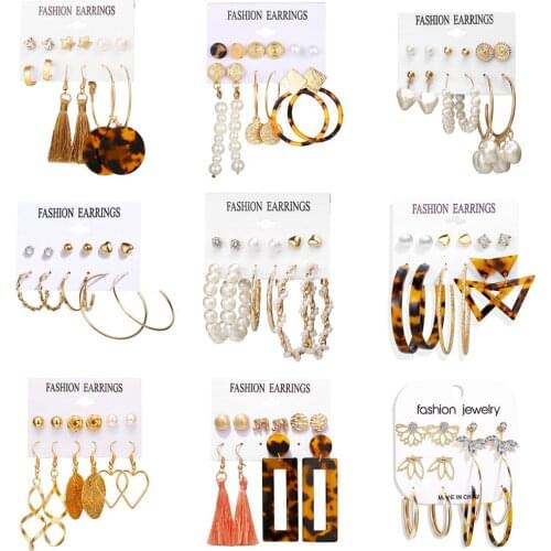 Bohemian Womens Earrings Set Tassel Crystal Acrylic Pearl Earrings For Girls Fashion Jewelry 2020 Geometric Hoop Dangle Brincos