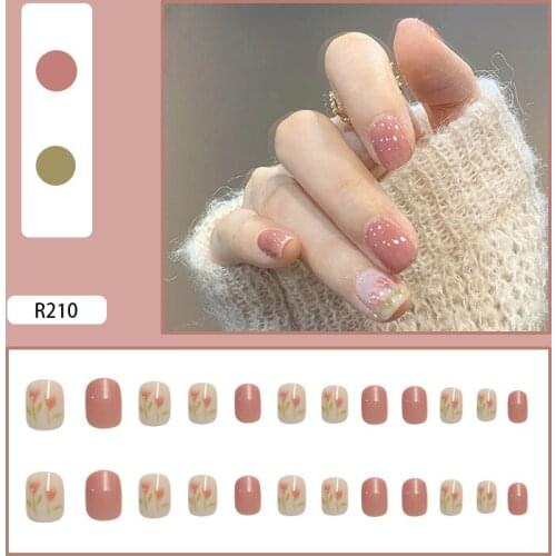 24pcs Tulip Printed Nail Patch Nude Color Glue Type Removable Short Paragraph Fashion Manicure False Nails Patch SK88