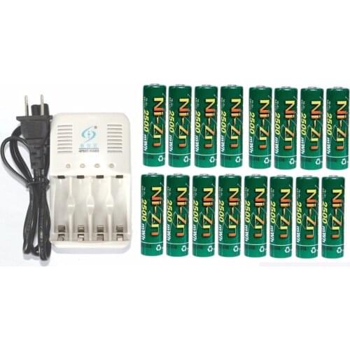 Powerful BPI 16Pcs 1.5V 1.6v aa 2500mWh rechargeable battery nizn Ni-Zn rechargeable battery + 4 slots charger