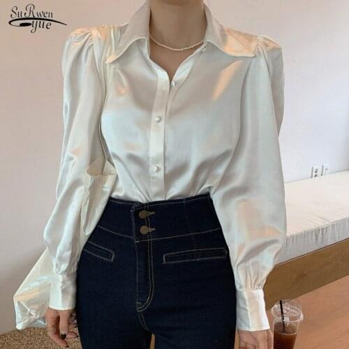 Loose Satin Button Bubble Sleeve Lapel Shirt Korean New Chic Women Blouse Elegant Women Shirt Tops Pink Tops Blusas Mujer 12635