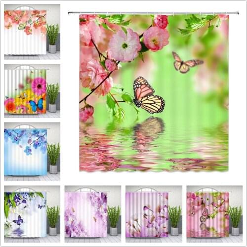 Flower Butterfly Shower Curtains Spring Floral Plant Scenery Pattern Bathroom Decor Home Bath Cloth Hanging Curtain Set