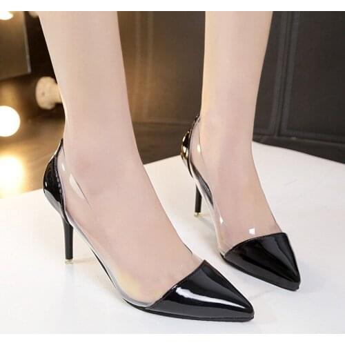 Latest Fashion Women THIN High Heels Luxury Brand Exclusive Leather and PVC Pointed Toe Pumps Dress Shoes 8CM Women Shoes