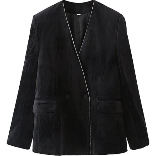 Spring Womens Clothing Temperament V-Neck Rhinestone Inlaid Slim-Fit Velvet Long Sleeve Pocket Casual Suit Jacket