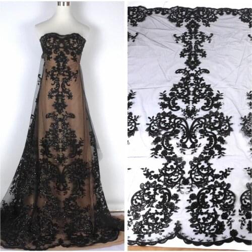High quality Black large pattern on tulle embroidery lace fabric wedding dress/high-end dress lace fabric by yard