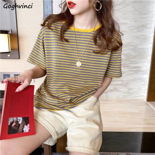 Multi-colors Striped T-shirts Women O-neck Short Sleeve Loose Cotton T Shirt Students Leisure Basic All-match Tops Harajuku Ins