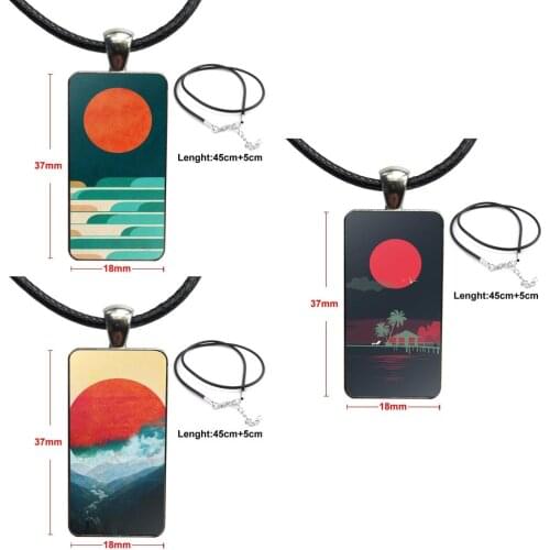 For Women Wedding The Ocean Sea Wave Sunset Glass Cabochon Choker Pendant Rectangle Necklace Stainless Steel Color Jewelry
