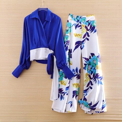 High-end Women Summer Set Blue Bat sleeve Shirt Top + Wide-leg Pants Print Elegant Lady Casual Suit 2 Pieces Set Female S-XL