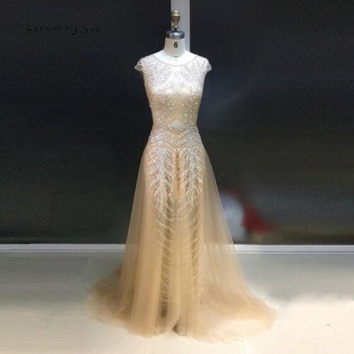 Lemon joyce Champagne Evening Dresses Long 2020 O-neck Cap Sleeve with Beading Sexy Illusion Backless Prom Party Gowns