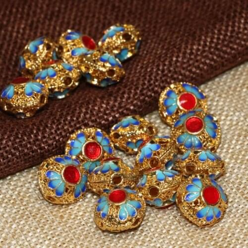 10pcs wholesale 14mm gold-color hollow enamel cloisonne accessories spacers beads new fashion diy jewelry findings B2453
