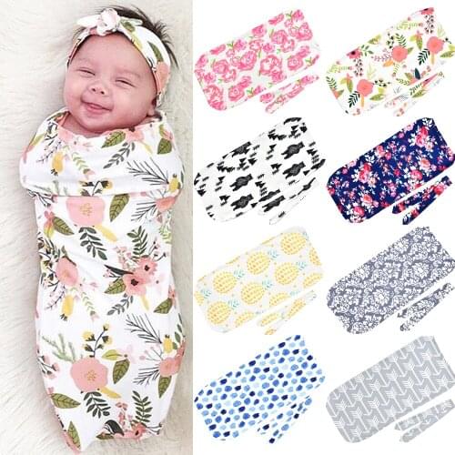 2 Set Baby Envelope Cocoon Swaddle Sleeping Bag with Headhand/Hair Tie Knotted Floral Coccon Wrap Sack for Newborn Boy Girl 2021
