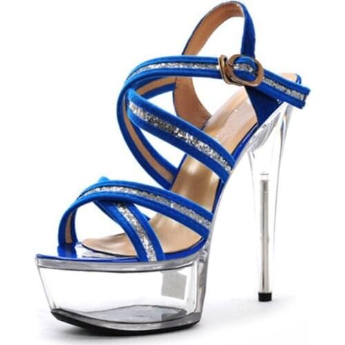 2016 blue crystal glitter sandals 15 cm ultra high heels platform dance shoes small yards Gorgeous 6 inch Crystal shoes