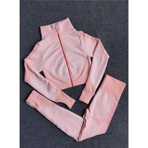 Seamless 2PCS Women Yoga Set Gym Clothing Fitness Leggings + Cropped Shirts Sport Suit Women Long Sleeve Tracksuit Workout Wear