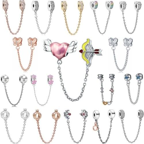 New Sparkling Zircon Safety Chain Dangle Beads Fit Original Pandora Charms Bracelet DIY Pendant Fashion Women Jewelry Gifts