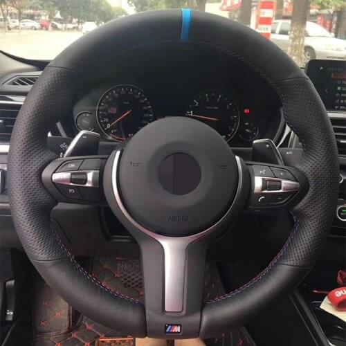 Black Artificial leather Blue Marker Steering Wheel Covers for BMW M2 M3 F80 F82 M4 M5 F12 F13 M6 F85 F87 X5 X6 F33 F30 M Sport
