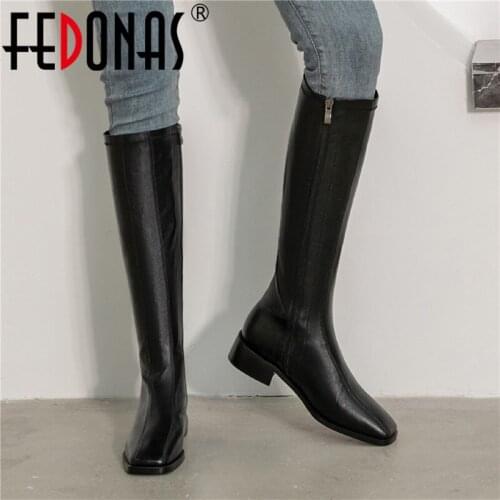 FEDONAS 2021 Fall Winter Safety Boots Genuine Leather Side Zipper Shoes Woman Heels Newest Working Casual Knee High Boots Heels