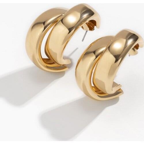 Geometric Hollow Metal Double Wide Layer C Shape Stud Earrings for Women Vintage Punk Metal Jewelry Party Accessories EH69