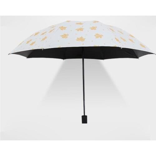 Ins Cute Lady Sunny And Riany Three Floding Blackcoating Maple Leaf Umbrella