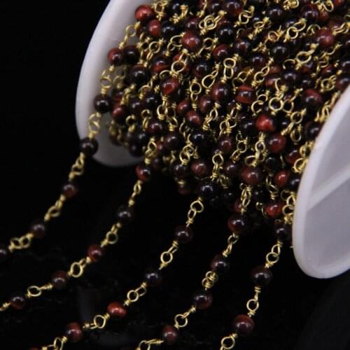 4mm Round Natural Stone Bronze Brass Wire Wrapped Chains,Red Tiger eye Gems Rosary Style Chains Bracelets Connector Jewelry