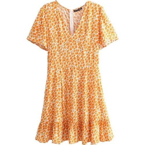 Fashion ZA 2021 woman new dress Spring Short sleeve v-neck print yellow mini dress vestidos de mujer