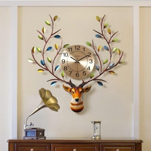AMERICAN WROUGHT IRON CREATIVE 3D DEER HEAD WALL CLOCK ORNAMENTS DECORATION HOME LIVINGROOM WALL HANGING MURAL WALL CLOCK CRAFTS