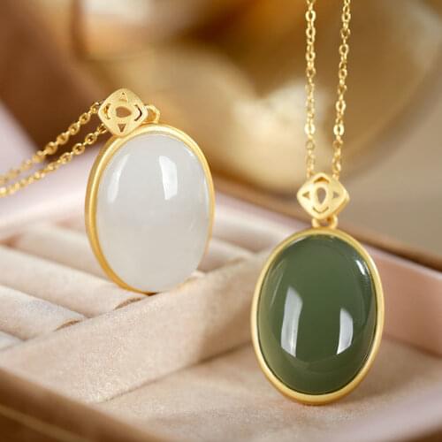 New silver inlaid natural Hetian white jade Oval Pendant Necklace Chinese style retro unique ancient gold charm womens jewelry