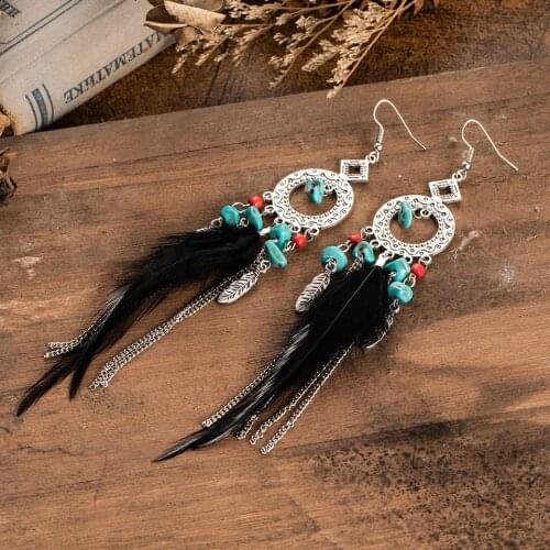 Charming Elegant Ehnic Bohemian Black Feather Earrings Long Pendant Ear Orenaments For Female Wedding Party Accessories Jewlery
