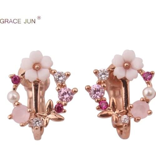 GRACE JUN Rhinestone Flower Butterfly Small Round Circle Screw Clip on Earrings No Pierced Charm Pearl CZ Wedding Party Jewelry